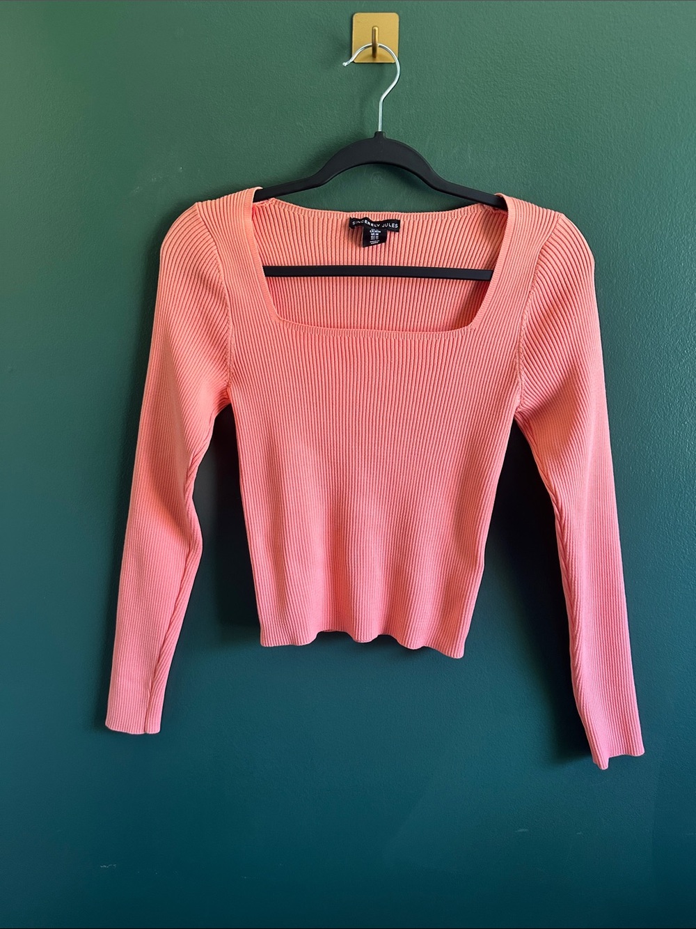 Forever 21 Ribbed Square Neck Long Sleeve Top - Peach Size M